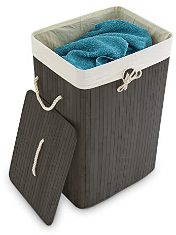 Relaxdays Cesto Ropa Sucia Plegable, Cubo Colada Rectangular con Tapa, Bambú, 83 L, 65,5 x 43,5 x 33,5 cm, Negro, Algodón