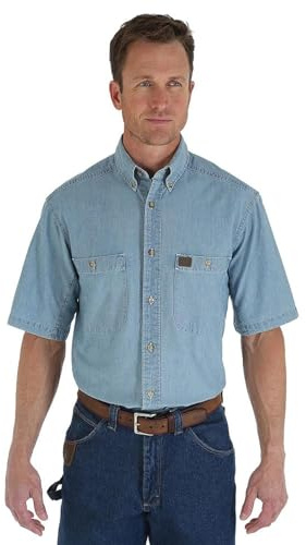 Wrangler Camicia da Lavoro in Chambray da Uomo, Azzurro Chiaro, L Alti