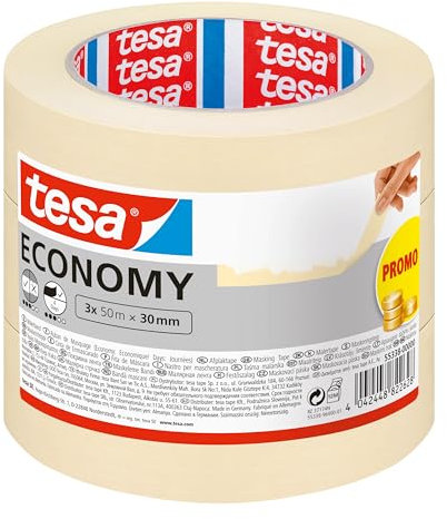 tesa Nastro per Mascheratura ECONOMY EcoLogo - Nastro in Carta per Mascheratura, Rimozione senza Residui per 4 Giorni, senza Solventi - Sottile, 3x 50 m x 30 mm