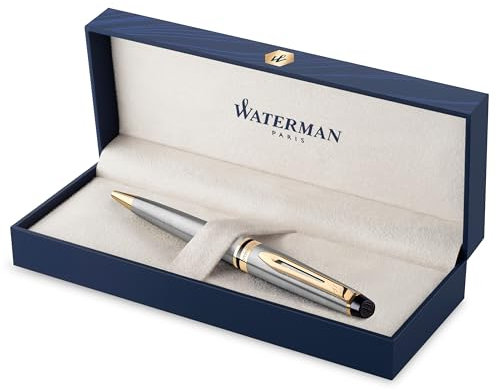 Waterman Expert Kugelschreiber | Edelstahl mit Zierteile aus 23 K Gold | Mittlere Spitze | Blaue Tinte | Geschenkbox
