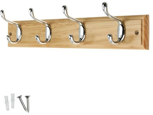 Keypak 4 Hook Pine Effect Wall Mounted Coat Rack with 4 Chrome Hooks | Wooden Board for Coats, Hats, Bags, Tools Space Saving Wall Storage Organiser, Fixings Included