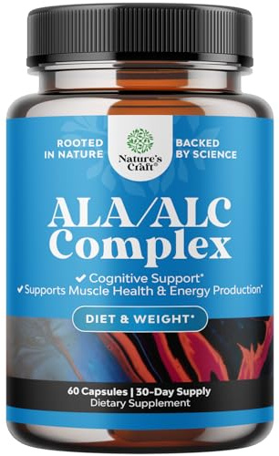 Pure Alpha Lipoic Acid Supplement with Acetyl L-Carnitine - Natural ALA ALC Amino Acids Boost Memory Support Mental Performance and Raise Energy Levels Metabolism - 60 Count