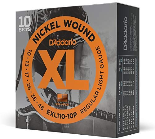 D'Addario Gitarrsträngar - XL Nickel elgitarrsträngar - EXL110-10P - perfekt intonation, jämn känsla, pålitlig hållbarhet - för 6-strängade gitarrer - 10-46 Regular Light, 10-Packning