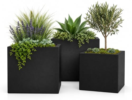 Pflanzwerk® Pot de Fleur Fibre de Verre Cube Jardinière Anthracite 3er-Set 23cm + 28cm + 34cm *Résistant au Gel* *Protection UV* *Qualité européenne*