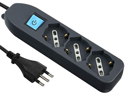 Electraline 62072 Multipresa tripla 3 posti polivalenti (schuko + 10/16A) con interruttore - cavo 1,5 m nero