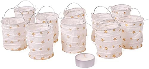 kadoh Papier-Lampions (10 St.) • Lichtertüten in Weiß mit goldenen Sternen • Partydeko für Hochzeit, Halloween, Fasching • Größe S
