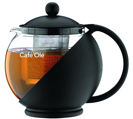 Grunwerg ‎CMP-12TP Café Ole Loose Leaf Everyday Round Tea Pot Infuser Basket Théière en Verre,1,20 Litre ,Noire