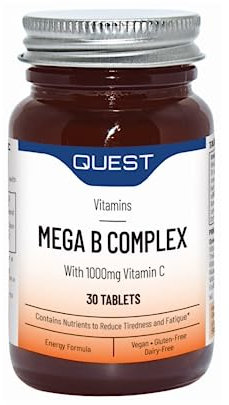 Quest - 30x Mega Vitamin B Complex Tablets. High Strength Vitamin B1-B2-B3-B6-B12, Biotin & C Supports Energy Production, Stress Response, Immune System & Brain Function (1 Pack)