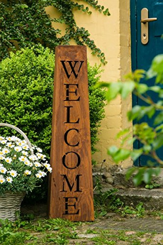 KUHEIGA Willkommen/Welcome Ständer/Säule H: 97cm Rost Schild, in Edelrost Breite/Tiefe,Oben: 16 x 16cm Breite/Tiefe, unten 25 x 25cm