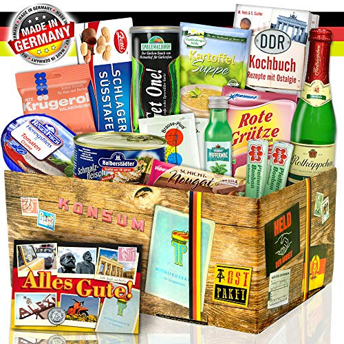 Ostpaket „Ostprodukte SPEZIALITÄTEN BOX“ / Geschenkset Geburtstag für Sie | Mit Zetti, Rotkäppchen, KOMET, Viba, Pfeffi, Krügerol, Schlagersüßtafel, inkl. Kochbuch