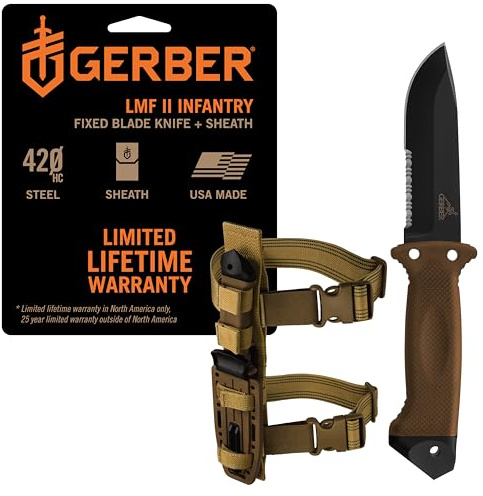 Gerber Gear LMF II Infantry Survival Knife, Made in USA Military Grade Tactical Fixed Blade with Serrated Edge, Shock Absorbing Handle, Molle Sheath and Sharpener, Coyote Brown