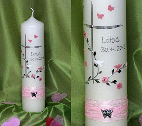 Taufkerze/Kommunionkerze mit Schmetterlingen !! in 25 x 6 cm, inklusive Beschriftung ! R 78
