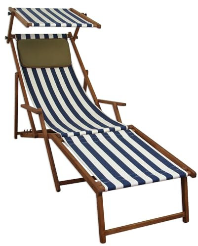 Erst-Holz Liegestuhl blau-weiß Sonnenliege Strandstuhl Deckchair Fußablage Kissen Sonnendach 10-317FSKD