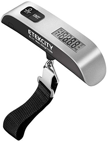 Etekcity Luggage Scale, Travel Essentials, Digital Suitcase Weight Scales for Travel Accessories, Hanging Baggage Scale with hook, 110 Pounds, Battery Included, Silver