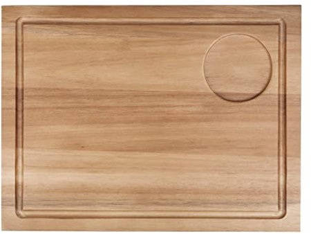 Olympia Large Acacia Wood Steak Board with Juice Groove 310x240mm DP139 | Dedicated recess holds ramekins securely, while dual handles ensure easy carrying during busy commercial service.