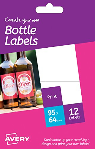 Avery HBL02 Skapa dina egna utskrivbara, anpassningsbara glansiga flasketiketter, 2 etiketter per A6-ark, 95 x 64 mm, paket med 12, vit