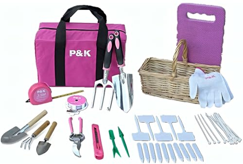 P & K 49-teiliges Gartenwerkzeugset in Pink mit praktischem Korb & Taschen | Ideal für Garten- & Balkonarbeit, Pflanzpflege & kreative Gartenprojekte