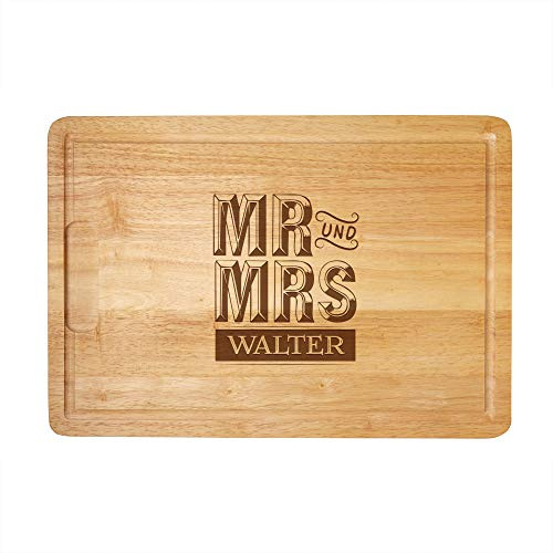 Casa Vivente Schneidebrett aus Holz mit Gravur zur Hochzeit, Mr und Mrs, Personalisiert mit Familienname, Holzbrett mit Saftrille als Hochzeitsgeschenk