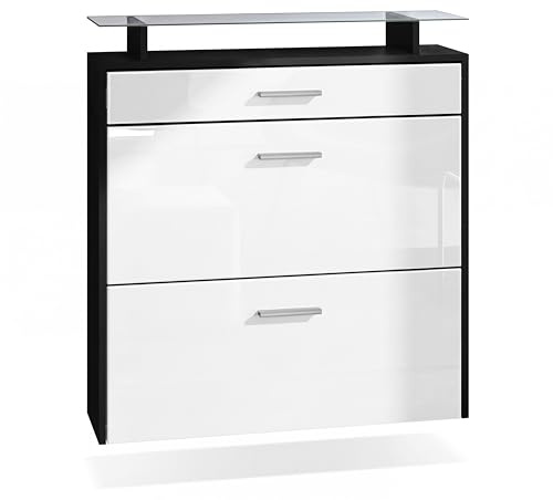 Vladon Schuhschrank Malea, hängender Schuhkipper für 16 Paar Schuhe mit 2 Klappen und 1 Schublade und Glasablage, Schwarz matt/Weiß Hochglanz (89 x 96 x 23 cm)