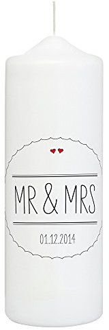 Weddix Hochzeitskerze Mr & Mrs Weiß mit Schrift in Schwarz und roten Herzen als Verzierung - personalisiert mit Hochzeitsdatum, finaler Überzug aus Wachs für eine ebenmäßige Oberfläche
