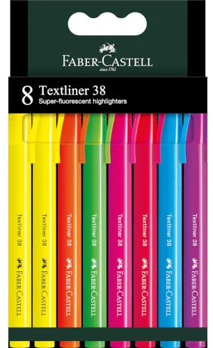 Faber-Castell 158131 - Blíster con 8 marcadores fluorescentes Textliner 38, colores, amarillo, naranja, rosa, violeta, azul y verde.