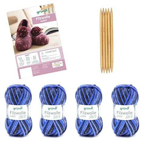 Gründl - Set Completo per Lavorazione a Maglia in Feltro di Lana, Lana, Blau-Anthrazit Multicolor, 25 x 16 x 07 cm