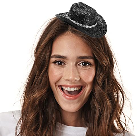 Schwarzer Mini-Cowgirl-Hut – Fascinator-Stil Miniatur schwarze Cowboyhüte – perfekt für Junggesellinnenabschiede und Faschingskostüm – 1 Stück
