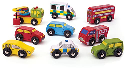 Bigjigs Rail Wooden Vehicle Pack | Set of 9 Toy Vehicles for Kids | Car, Bus & Truck Toys | Wood Train Track Accessories | Transport Figures for Toddlers | Educational Gifts for 3+ Year Old Children