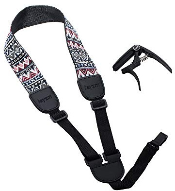 Rayzm Ukulele-Gurt & Capo Set (Ukulele-Zubehörset) - OHNE BOHREN：Verstellbarer Baumwoll-Sling-Gurt (Brustumlaufend) & Zink-Capo