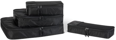 Amazon Essentials Ensemble de 4 Cubes de Rangement, Organisateurs de Voyage, Double Fermeture Éclair, Dessus en Maille, 100% Polyester, Tailles S/M/L et Format Fin, Noir (Anciennement Amazon Basics)