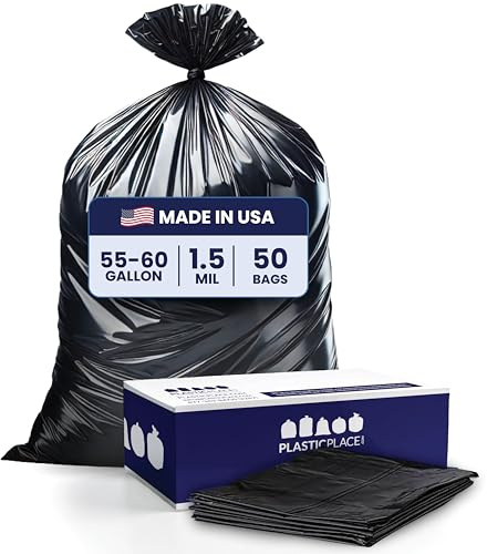 Plasticplace 55-60 Gallon Trash Bags │ 1.5 Mil │ Black Heavy Duty Garbage Can Liners │ 38” x 58” (50 Count)