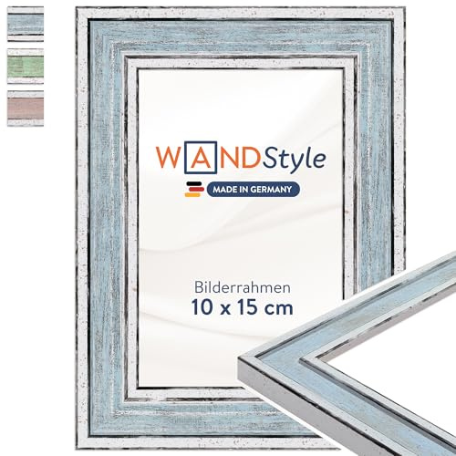 WANDStyle blauer Bilderrahmen 10x15 Holz, Bilderrahmen Blau Vintage | Hochwertiger Holzbilderrahmen Retro, Posterrahmen aufstellbar, Rahmen 15x10 cm, Fotorahmen H460 Made in Germany