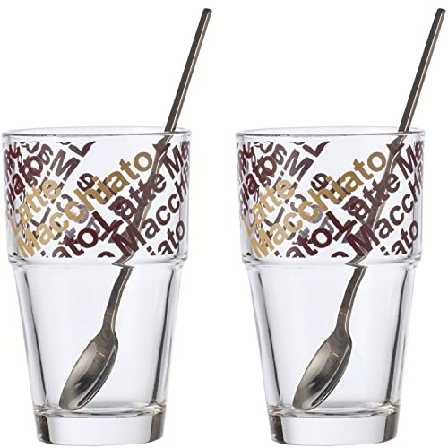 Leonardo Solo Kaffee Gläser 2er Set, Glas-Becher mit Latte-Macchiato Aufdruck inklusive Löffel, spülmaschinengeeignet, 4 teilig, 410 ml 042553 | ck inklusive Löffel, spülmaschinengeeignet, 4 teilig, 410 ml 042553