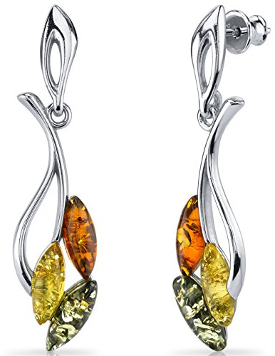 Peora Genuine Baltic Amber Leaf Dangle Earrings for Women 925 Sterling Silver, Rich Multiple Colors, Friction Backs, Real Baltic Amber Earrings for Adults, 100% Natural from Baltic Region