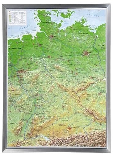 Deutschland klein mit Rahmen 1:2.4MIO: Reliefkarte Deutschland klein mit silberfarbenen Kunststoffrahmen: Tiefgezogenes Kunststoffrelief