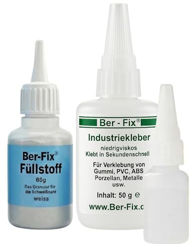Ber-Fix Füllstoff Set 50g + 60g Schweißnahtkleber weiß | Füllstoff Set 50g + 60g Schweißnahtkleber weiß: Schweißnahtkleber-System: Füllstoff plus CA-Kleber für stabile