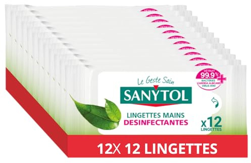 Sanytol - Lingettes Désinfectantes Hydratantes Mains - Bactéricide, Virucide, Fongicide - Sans Rinçage - Parfum Thé Vert - Format Compact Pratique - x 12 - Lot de 12