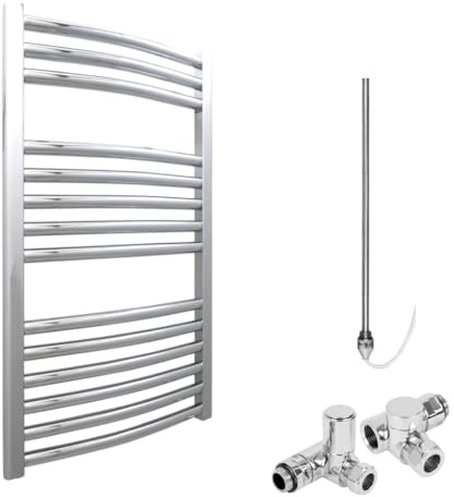 Bray Curved Dual Fuel Heated Towel Rail/Warmer/Radiator, Chrome. Round Tube, High Output, For Bathroom, Kitchen, 800 x 500