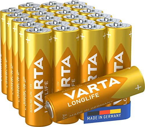 Varta Pila Longlife AA Mignon LR06 (paquete de 24 unidades), pilas alcalinas - «Made in Germany» - Adecuado para mandos a distancia, radios, despertadores y relojes