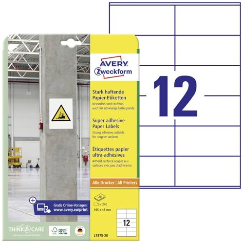 AVERY Zweckform L7875-20 Stark haftende Etiketten (240 Aufkleber, 105x48mm auf A4, extrem stark selbstklebend, auch für schwierige Oberflächen, bedruckbare Power Klebeetiketten) 20 Blatt, weiß