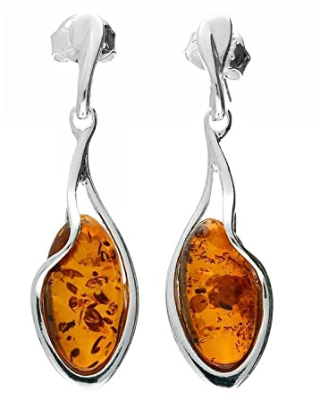 Pendientes colgantes de plata de ley 925 con forma de lágrima de miel báltica, ámbar para mujeres/señoras/niñas, joyería inusual de ámbar coñac elegante 070436, Plata de ley, Ámbar