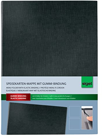 SIGEL Speisekartenmappe A4 Präsentationsmappe schwarz | SM110, Gummi-Bindung, mit edler Leinenstruktur, strapazierfähig und leicht abwischbar