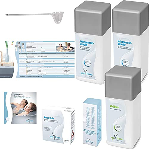 SpaTime MEGA-SPAR-SET Aktivsauerstoff-Pflege 5,1 kg - BAYROL Spa Time - Starter Set für die Whirlpoolpflege mit Sauerstoff - pH-Minus - Teststreifen mit 5 Funktionen - Wasser-Rein - Kartuschen-Rein - Oberflächen-Rein