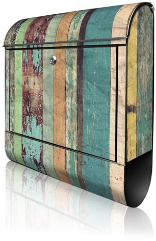 banjado Design Briefkasten 38,5x46,5x13cm & 2 Schlüssel - Briefkasten Stahl Schwarz mit Zeitungsfach pulverbeschichtet - Postkasten A4 Einwurf inkl. Montagematerial - Motiv Bunte Bretterwand