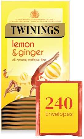 Twinings Lemon and Ginger Fruit Infusion Tea Bags, 12 Boxes of 20 Individually Wrapped Envelope Tea Bags, 240 in total.
