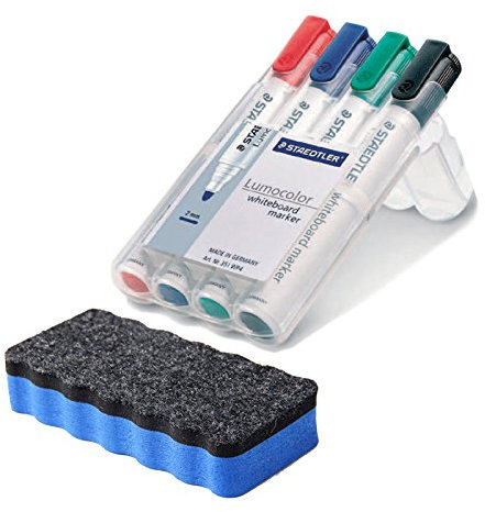 STAEDTLER 351 WP4 Lumocolor Whiteboardmarker, 4 Stück in aufstellbarer Box, farblich sortiert im Bonus Pack mit blauem Löscher (Stifte + Löscher Blau, 1)
