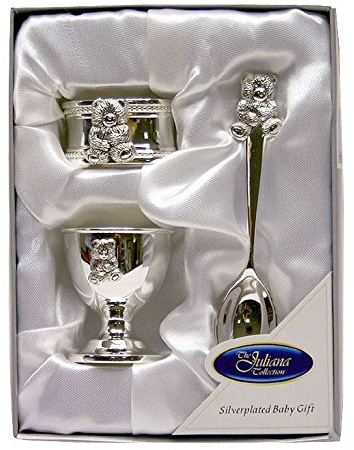 Widdop Bingham Taufgeschenkset Eierbecher, Löffel und Serviettenring, versilbert, Teddymotiv