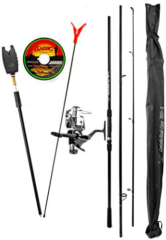 Elfmonkey Angel-Rute Karpfen Set Steck-Rute 360cm inkl. Bissanzeiger Ruten-Ständer Angel-Rolle Angel-Schnur Zubehör Wurfgewicht 100g