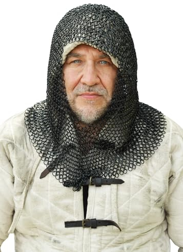 Battle-Merchant Kettenhaube, unvernietet, V-Auschnitt, ID 9 mm, brüniert | Mittelalter Kettenrüstung, Rüstung, für Reenactment, LARP & Historische Darstellungen