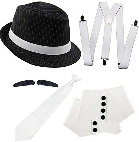 Foxxeo 20er Jahre Gangster Kostüm Set für Herren - Hosenträger Krawatte Hut Gamaschen Bart – für Fasching Karneval Motto-Party